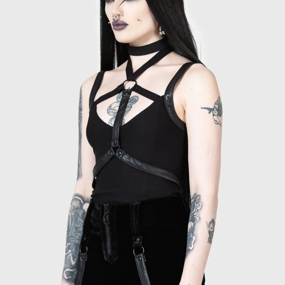 Killstar Power‎ Surge Top Womens M Stretchy Tank Black Faux Leather Straps NWT - Picture 4 of 9